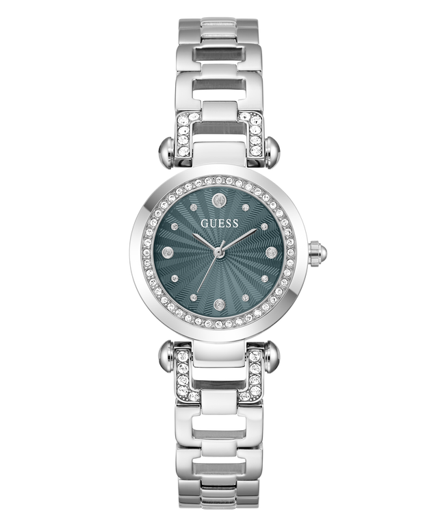A Guess women's analog watch with a silver-tone metal link bracelet, a bezel encrusted with clear crystals, and a textured dark teal-green dial.