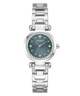 A Guess women's analog watch with a silver-tone metal link bracelet, a bezel encrusted with clear crystals, and a textured dark teal-green dial.