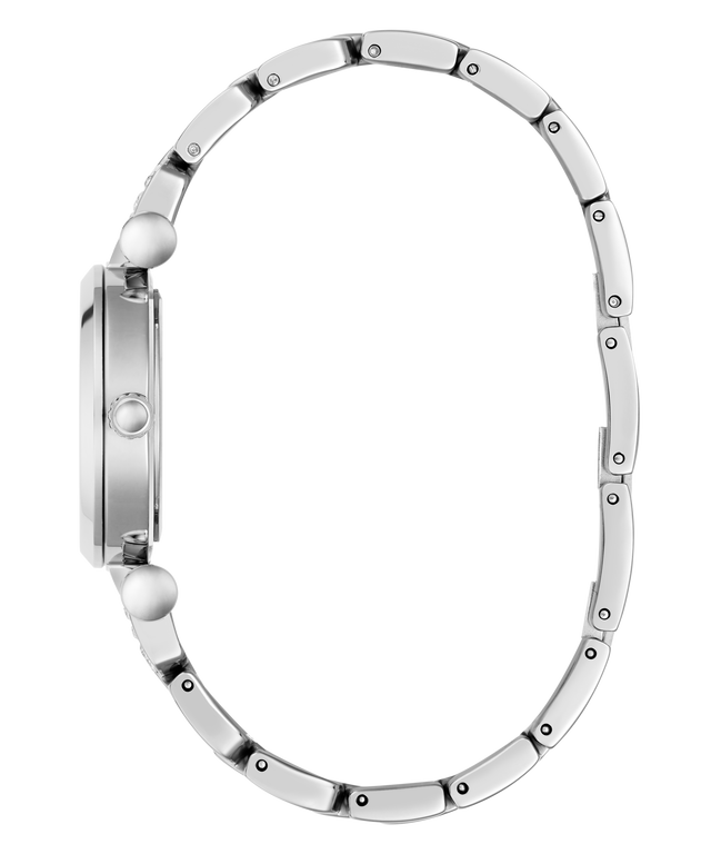 Silver stainless steel watch band with a matching silver case, shown from a side profile view on a solid white background.