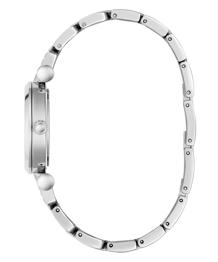 Silver stainless steel watch band with a matching silver case, shown from a side profile view on a solid white background.