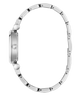 Silver stainless steel watch band with a matching silver case, shown from a side profile view on a solid white background.