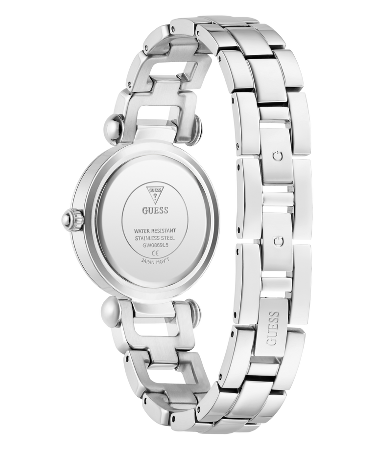 Silver watch with chain-like band on a white background