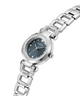A silver-tone stainless steel wrist watch with a dark teal sunburst dial, crystal-studded bezel, and matching crystal-accented link bracelet, shown on a white background. lifestyle