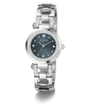 A GUESS women's watch featuring a silver-tone metal link bracelet with crystal accents, a round silver bezel, and a dark blue sunburst dial.