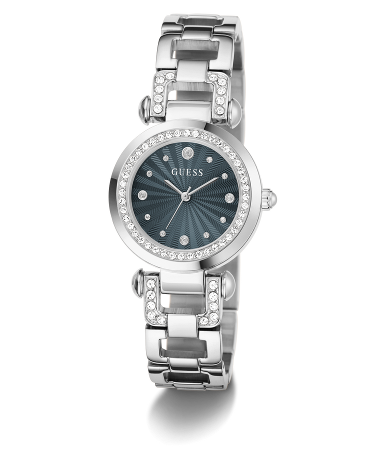A GUESS women's watch featuring a silver-tone metal link bracelet with crystal accents, a round silver bezel, and a dark blue sunburst dial.
