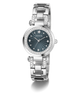 A GUESS women's watch featuring a silver-tone metal link bracelet with crystal accents, a round silver bezel, and a dark blue sunburst dial.
