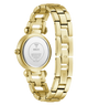 Gold-tone stainless steel women's watch shown from the back, featuring a round case and a matching link bracelet with GUESS branding on the inner backplate.