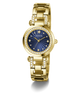 Gold-tone Guess watch with a blue sunburst dial, crystal-studded bezel and bracelet links, shown on a white background.