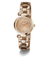 A rose gold Guess watch with a round dial, crystal-encrusted bezel, and matching crystal-accented link bracelet, shown on a clean white background.