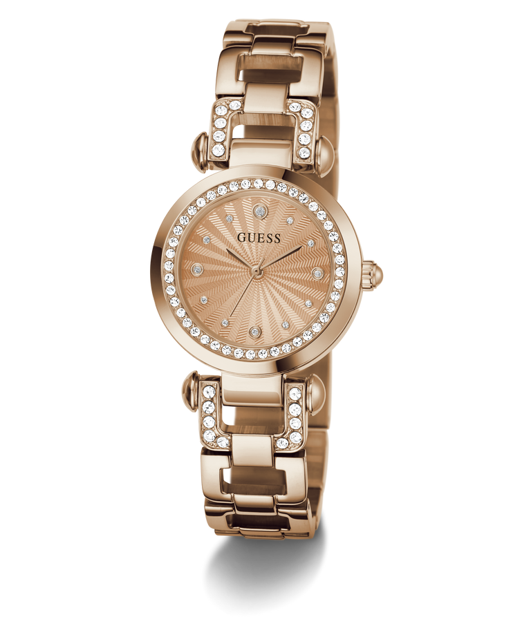 A rose gold Guess watch with a round dial, crystal-encrusted bezel, and matching crystal-accented link bracelet, shown on a clean white background.
