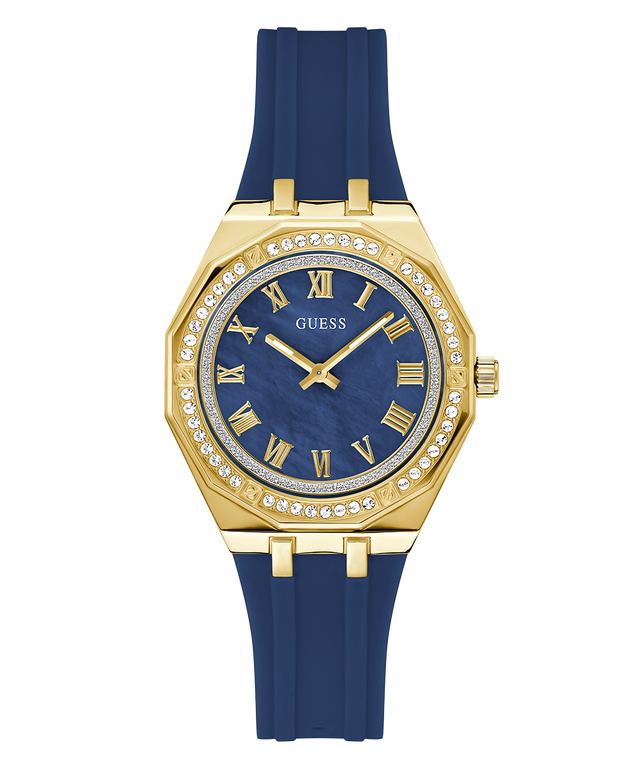 Gold and blue watch with gemstone accents on a white background GW0872L4