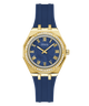 Gold and blue watch with gemstone accents on a white background GW0872L4