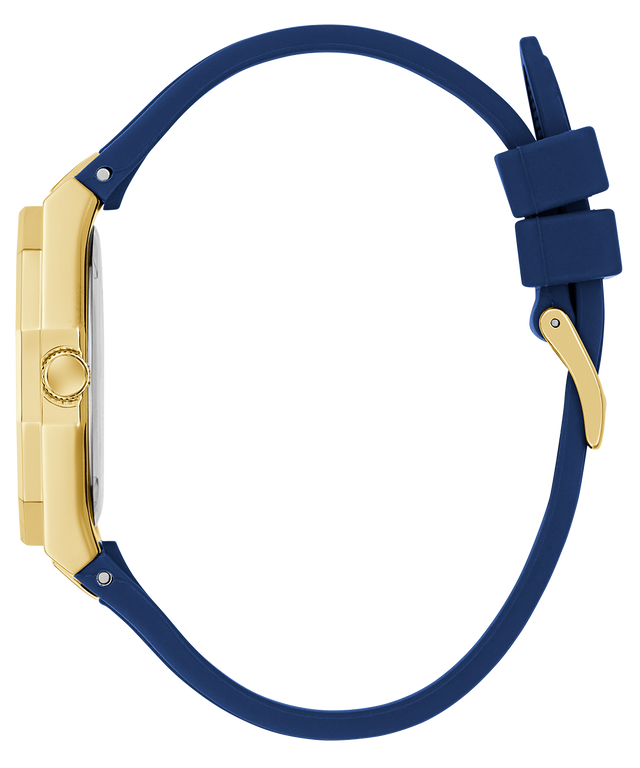 Watch with gold case and blue strap on a white background GW0872L4