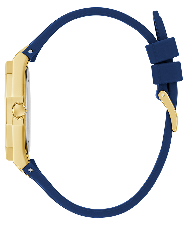 Watch with gold case and blue strap on a white background GW0872L4