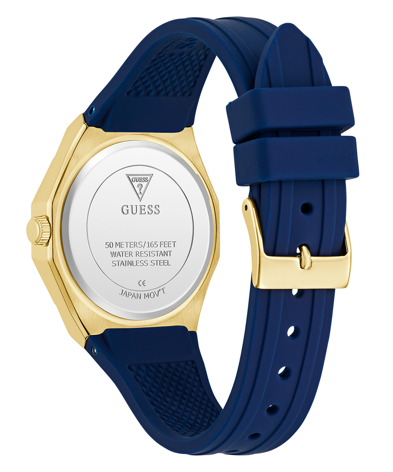 Guess watch with blue strap and gold caseback on a white background