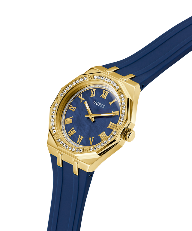 Gold and blue watch with a white background lifestyle