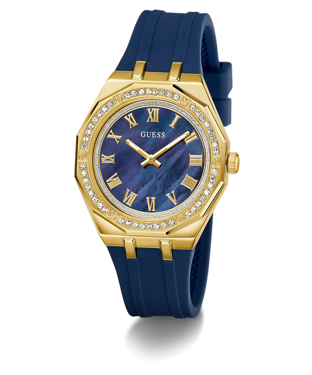 Gold and blue watch with a blue strap on a white background GW0872L4