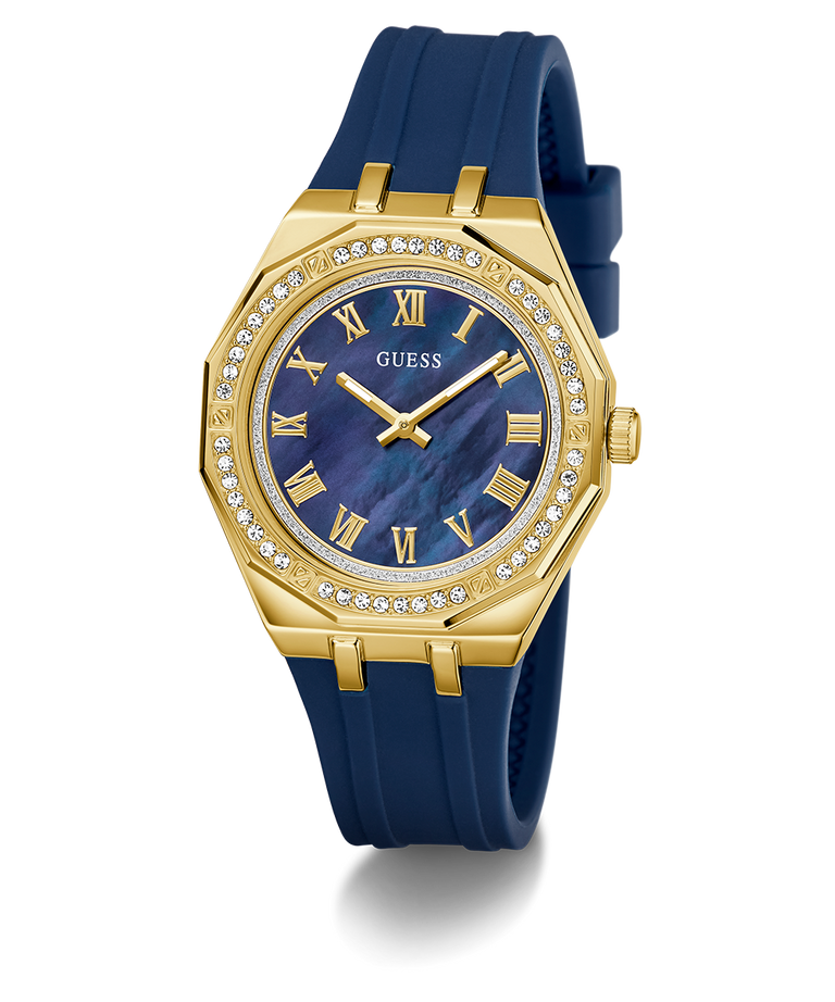 Gold and blue watch with a blue strap on a white background GW0872L4