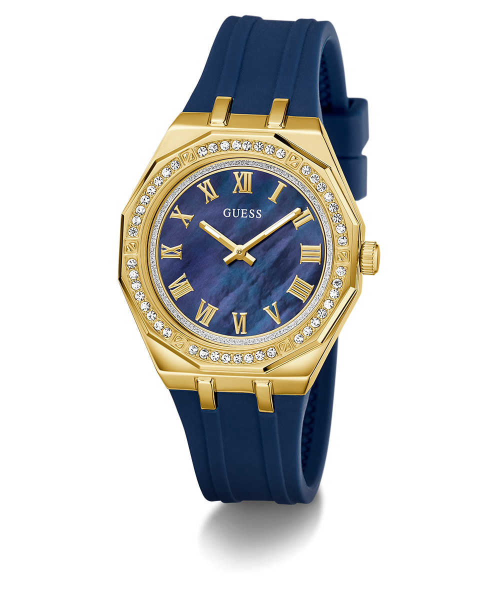 Gold and blue watch with a blue strap on a white background GW0872L4