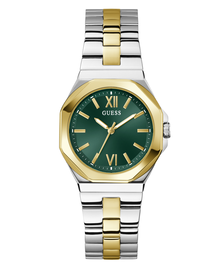 Two-tone silver and gold watch with green dial on a white background