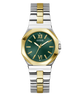 Two-tone silver and gold watch with green dial on a white background