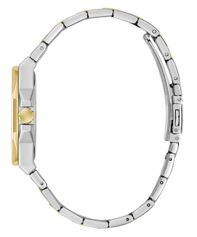 Silver and gold watch band on a clear background