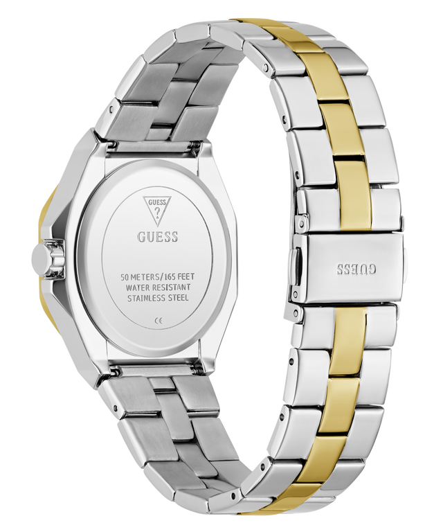 Two-tone silver and gold watch with visible brand logo on a white background
