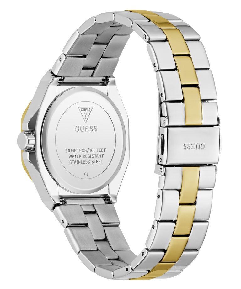 Two-tone silver and gold watch with visible brand logo on a white background