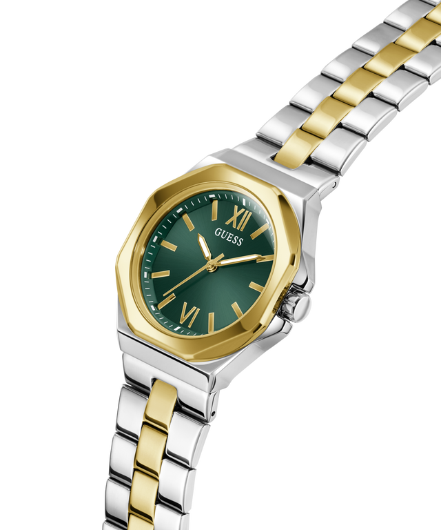 Two-tone watch with green face and gold accents on a clear background lifestyle