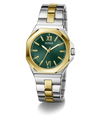 Two-tone silver and gold watch with green dial on a white background