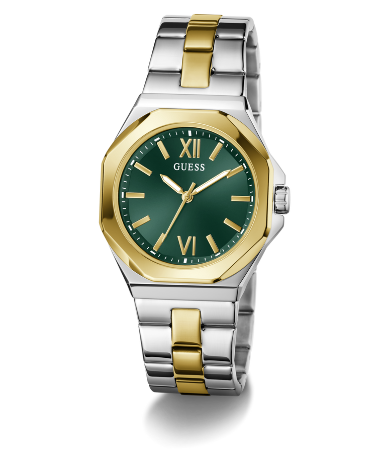 Two-tone silver and gold watch with green dial on a white background