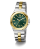 Two-tone silver and gold watch with green dial on a white background