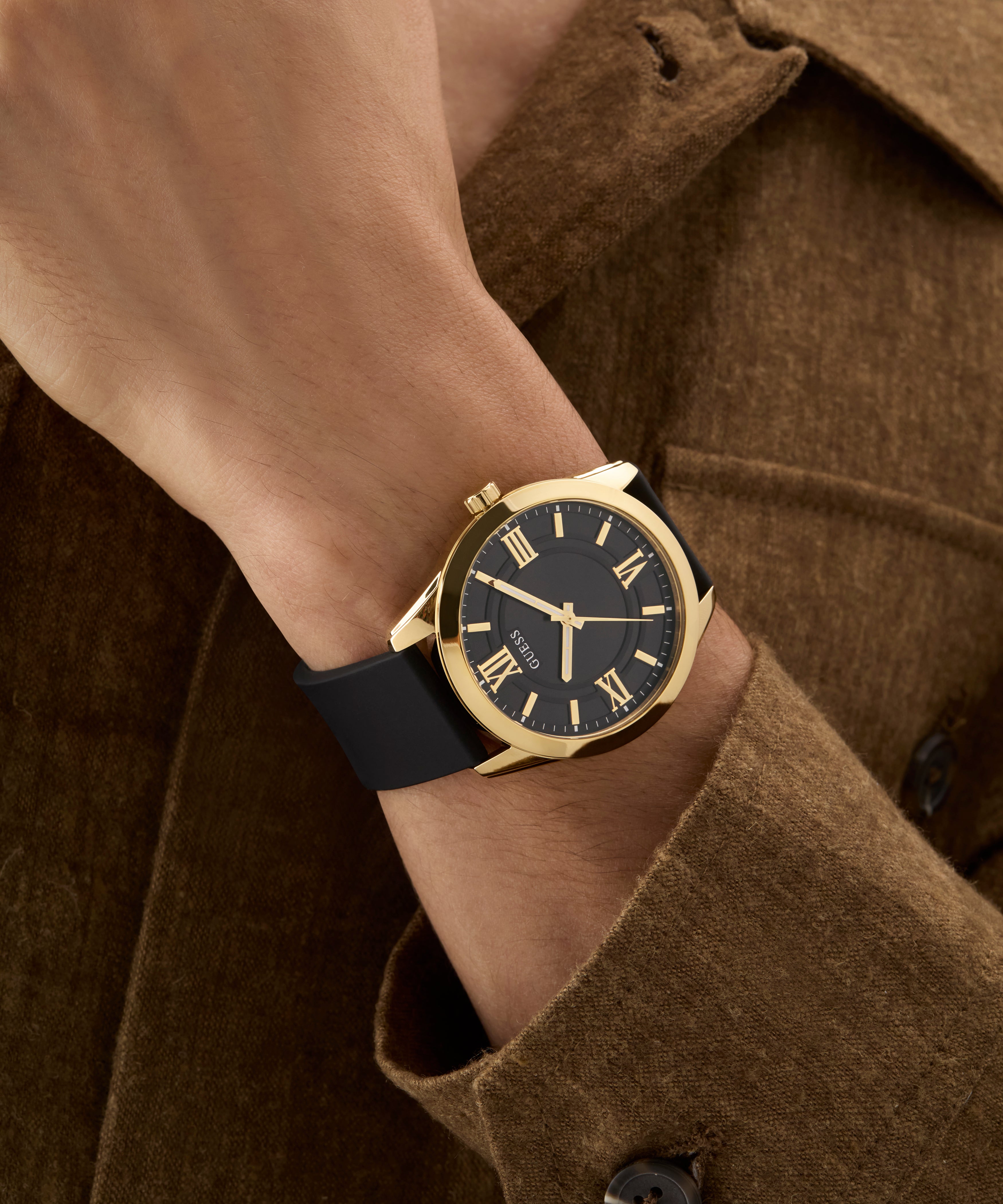 ど*ん様 GUESS メンズ 腕時計 ゴールド ブラック ラバーベルト GUESS Mens Black Gold Tone Analog Watch - GW0894G2 | GUESS Watches US