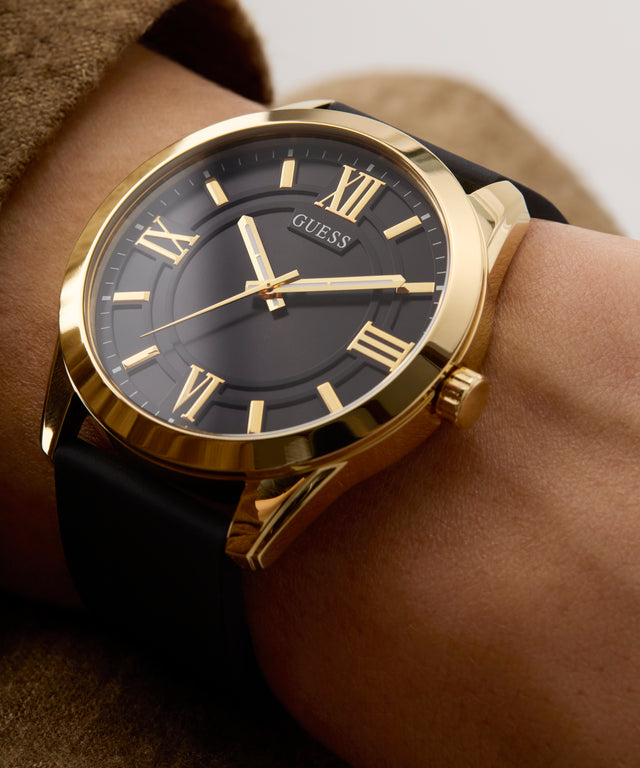 Guess Men's Gold Tone Black Silicone Strap Watch Guess Men's Gold Tone Black Silicone Strap Watch