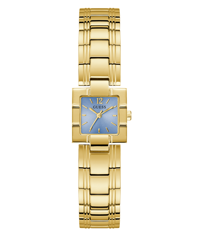 GUESS Ladies Gold Tone Analog Watch with a blue face on a white background