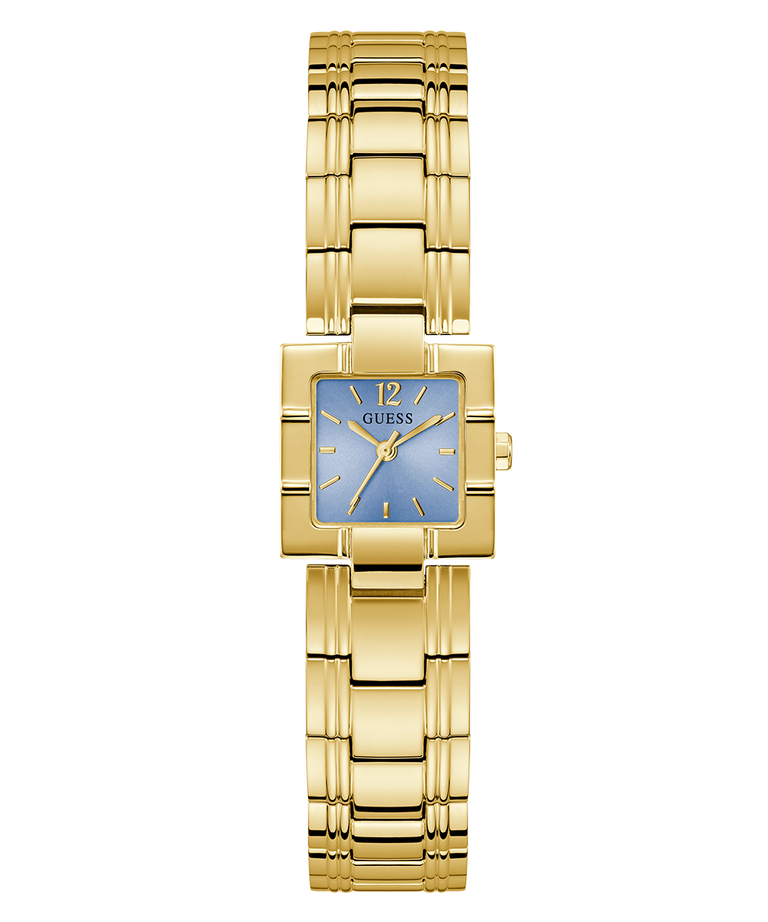 GUESS Ladies Gold Tone Analog Watch with a blue face on a white background