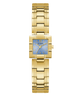 GUESS Ladies Gold Tone Analog Watch with a blue face on a white background