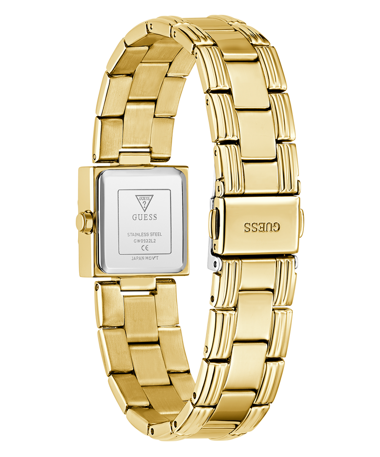 GUESS Ladies Gold Tone Analog Watch with a visible brand logo on a white background