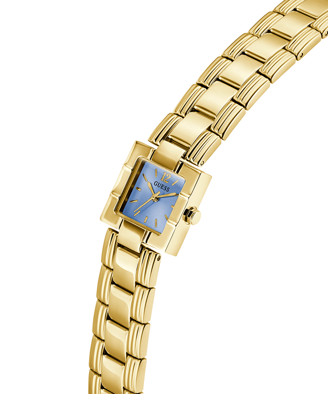 Gold watch with a blue face on a white background lifestyle