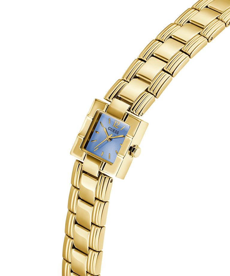 Gold watch with a blue face on a white background lifestyle