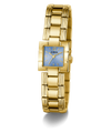 GUESS Ladies Gold Tone Analog Watch with a blue face on a white background