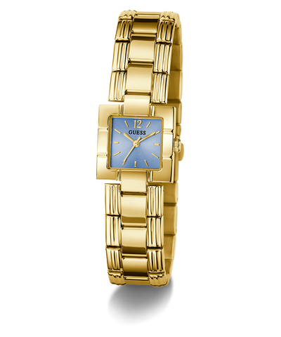 GUESS Ladies Gold Tone Analog Watch with a blue face on a white background