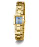 GUESS Ladies Gold Tone Analog Watch with a blue face on a white background