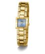 GUESS Ladies Gold Tone Analog Watch with a blue face on a white background