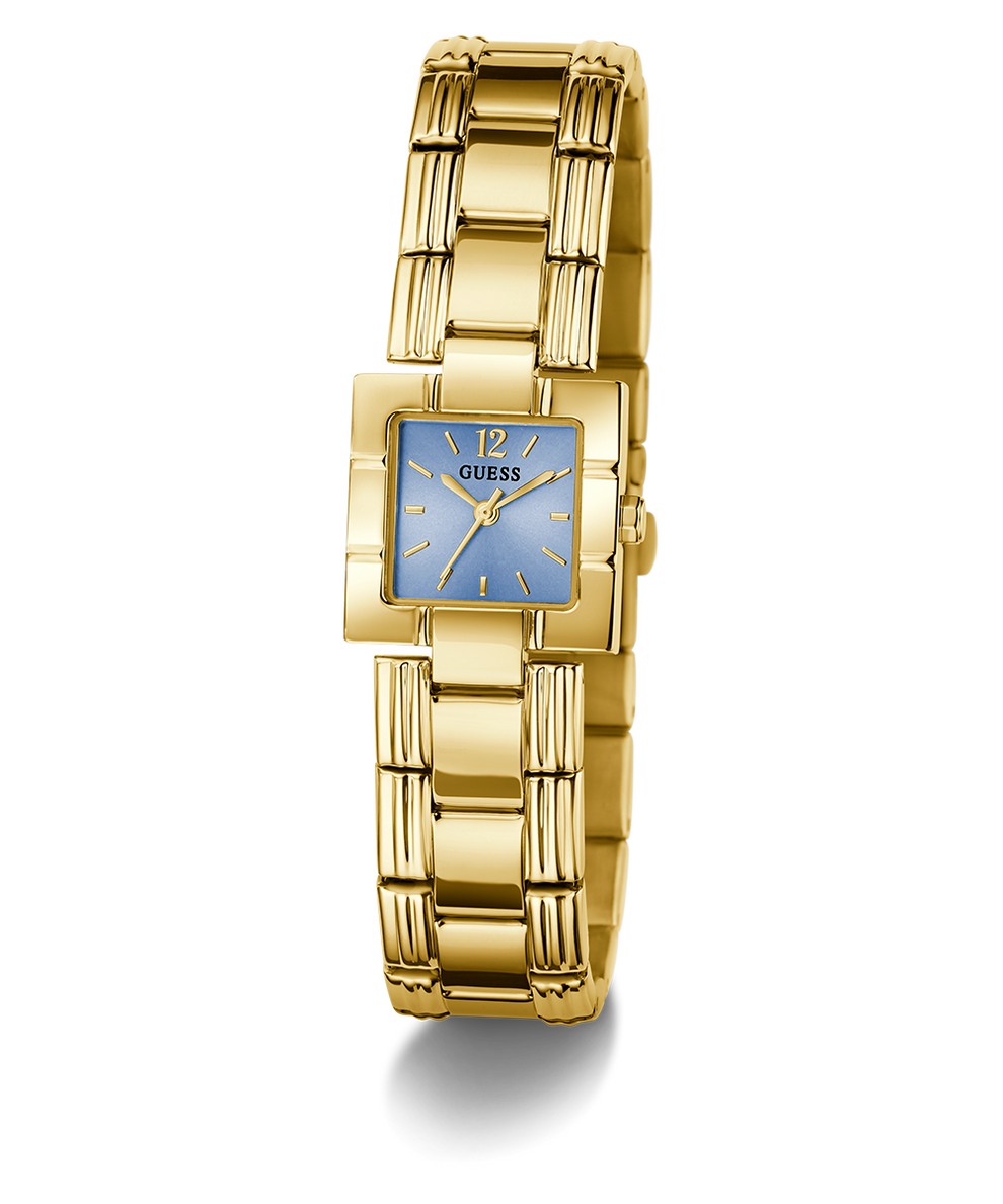 GUESS Ladies Gold Tone Analog Watch with a blue face on a white background