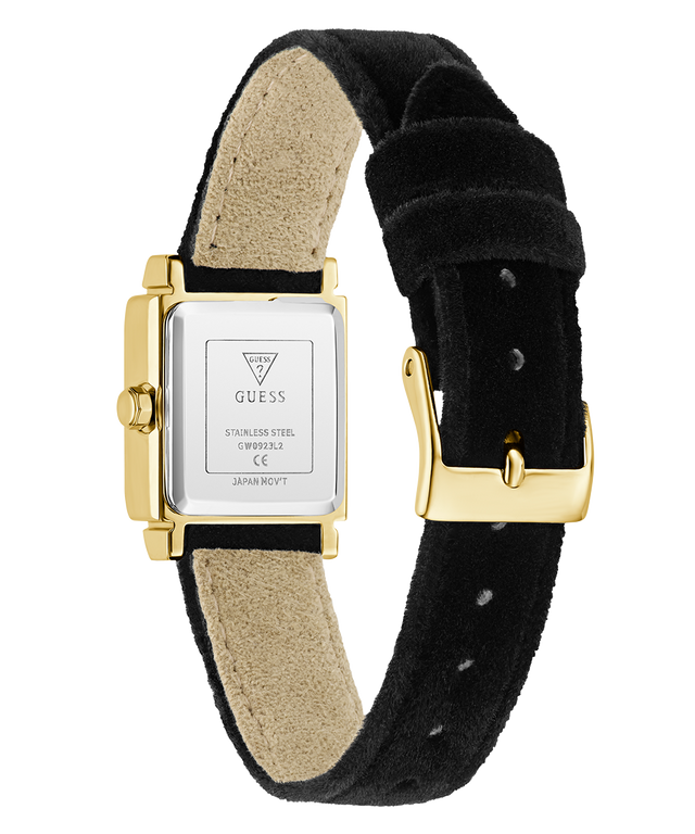 caseback of GUESS Ladies Black Gold Tone Analog Watch