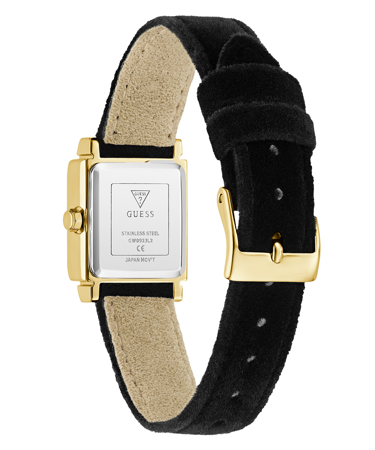 caseback of GUESS Ladies Black Gold Tone Analog Watch