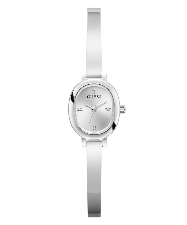 Silver watch with a visible brand logo on a white background