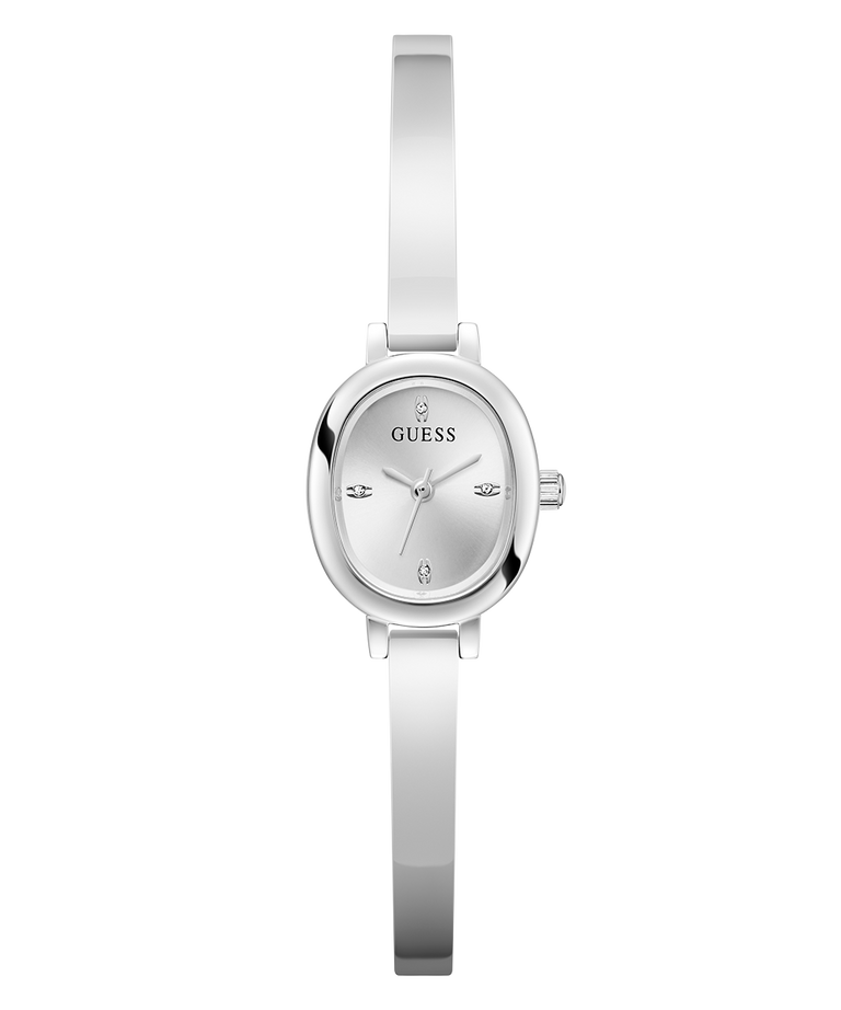 Silver watch with a visible brand logo on a white background