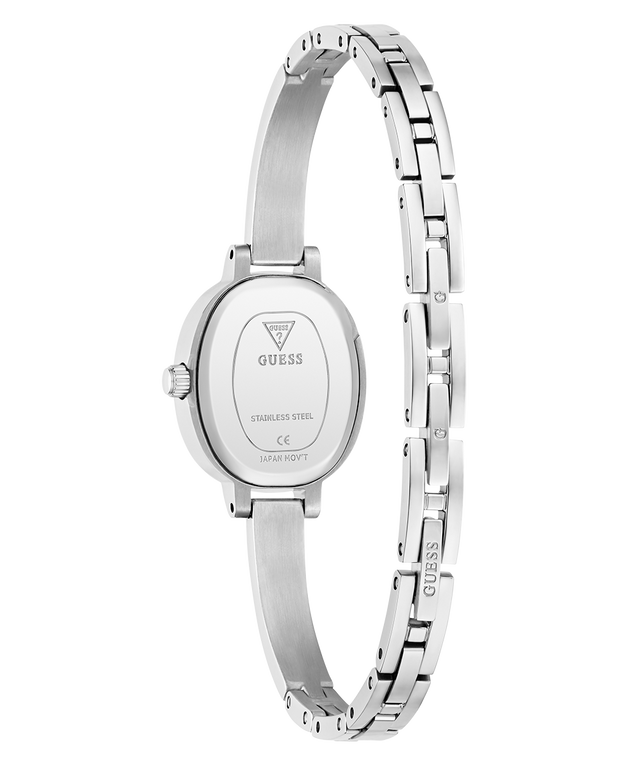 Silver watch with visible brand logo on a white background